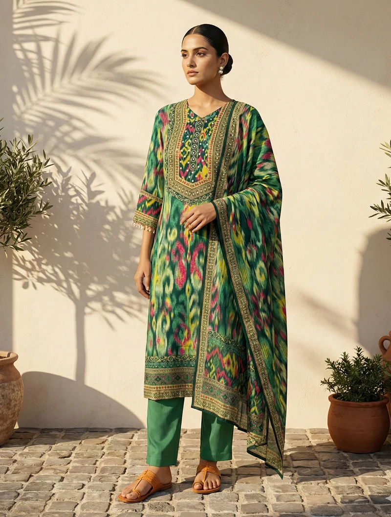 ترو برونز trueBrowns Green Ikat Print Embroidered V-Neck Kurta Pant Dupatta Set